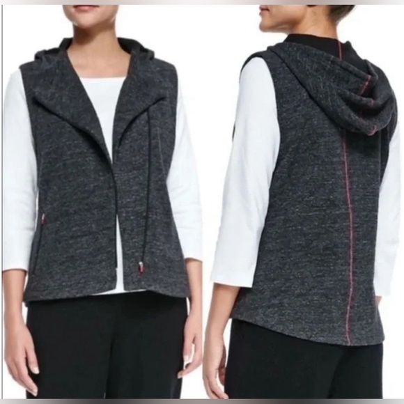 Eileen Fisher Womens Charcoal Jaquard Asymmetrical Zip Hooded Vest Size S Sporty - Picture 2 of 11